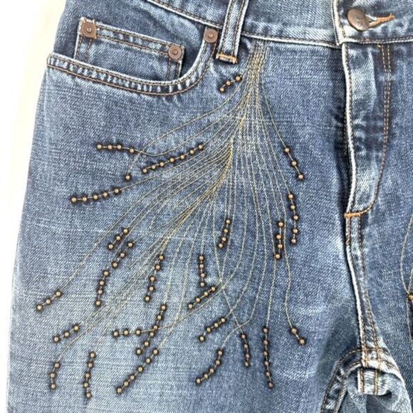 Vintage Express Women's Studded Feather Design Bootcut Jeans Blue Denim Size 5/6 - Picture 2 of 12